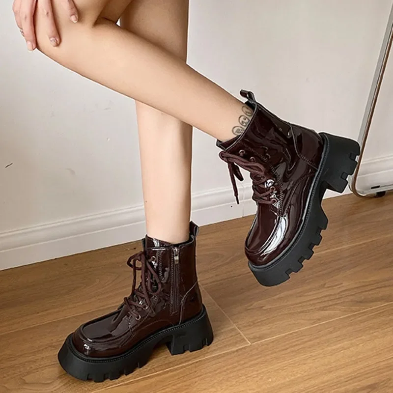 Retro Wine Red Thick Bottom Chunky Heel Ankle Boots Women Spring Autumn Patent Leather Lace Up Female Western Cowboy Short Botas