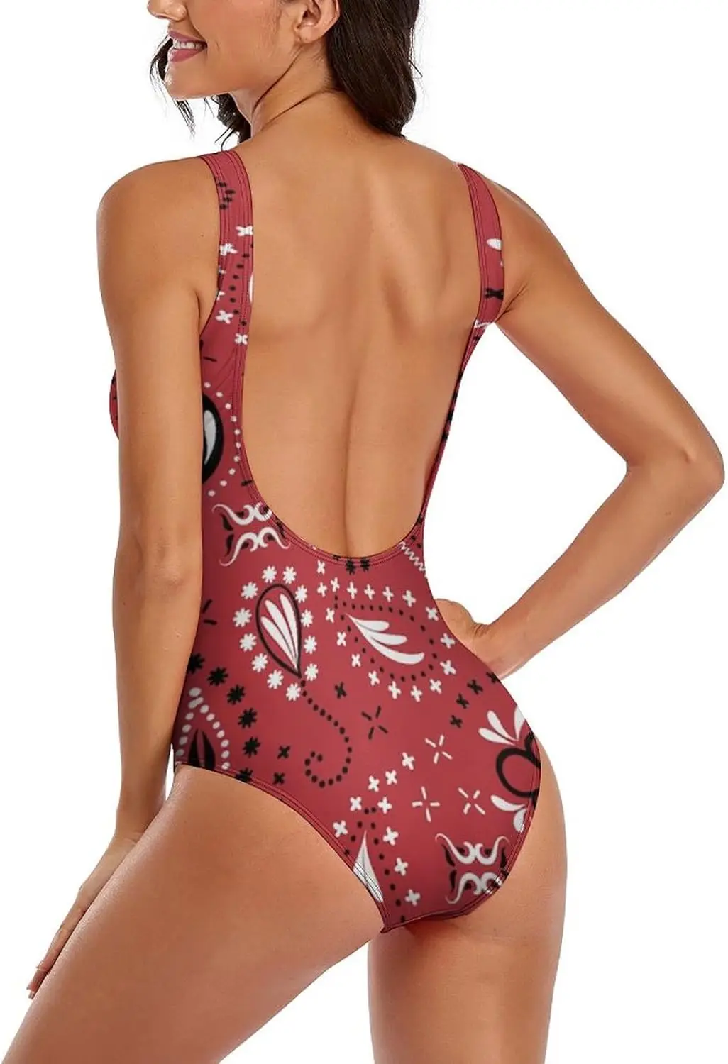 ملابس سباحة نسائية من قطعة واحدة من Luxy Trio باللونين الأحمر والأسود بيزلي، ملابس سباحة للتدريب الرياضي