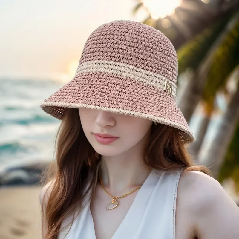 2024 Outdoor Spring Beach Hat Summer Foldable Straw Crochet Bucket Hat Women Sunscreen Fisherman Hat Fashion Holiday Travel Gift