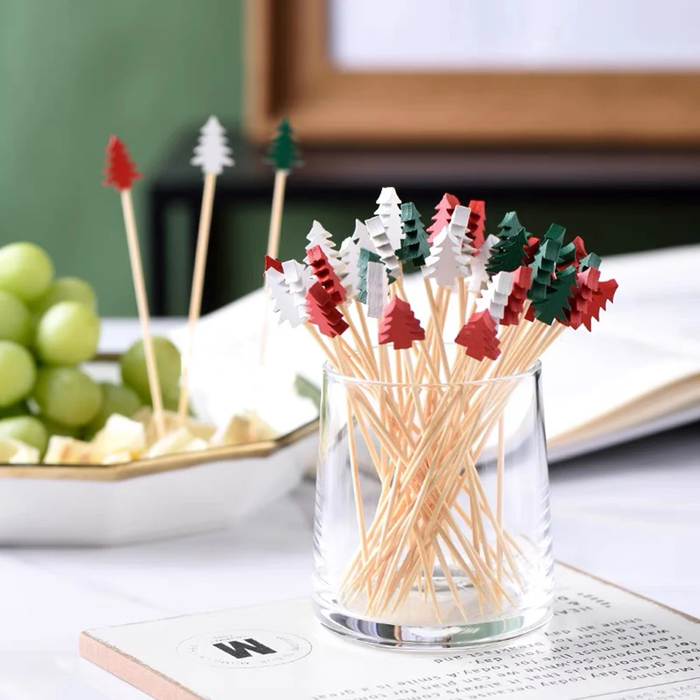 50/100pcs Christmas Day Fruit Sticks, Disposable Bamboo Sticks ChristmasTree Fruit Picks Sushi Picks Creative Cocktail Flower