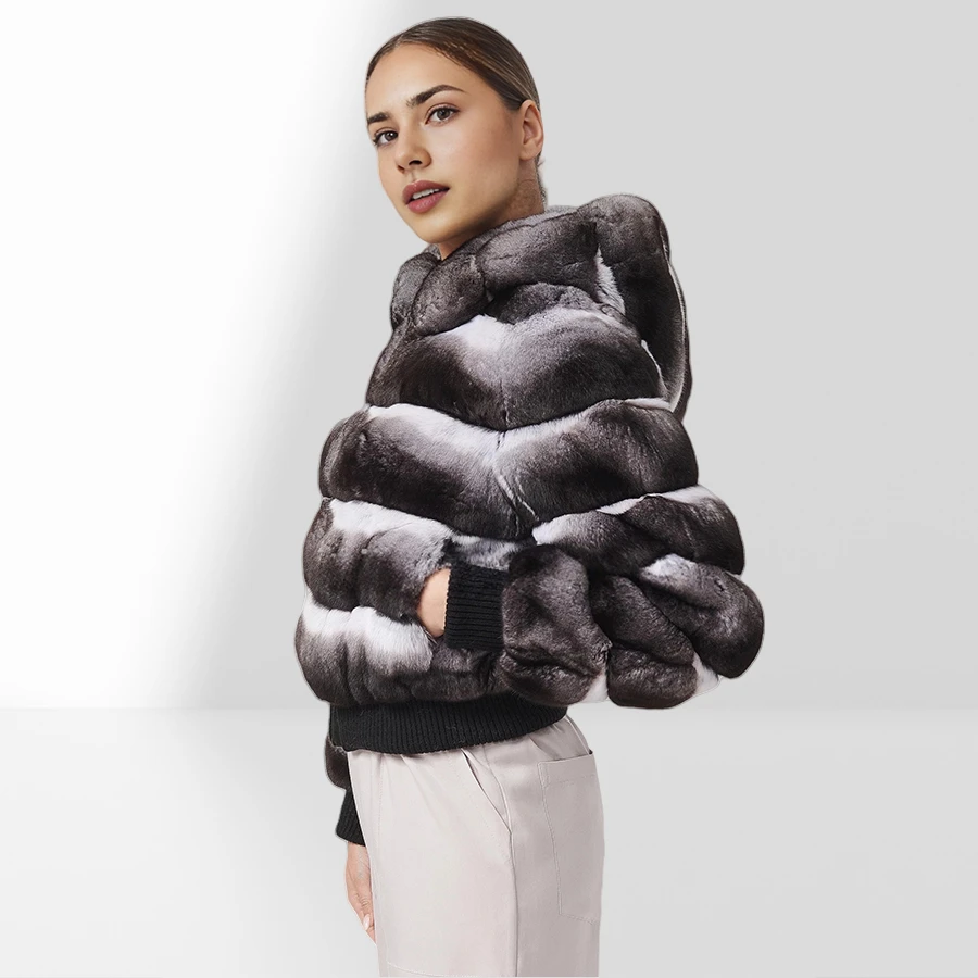 Echte Rex Kaninchen Pelz Jacke Mit Kapuze Winter Bomber Jacke Frauen Chinchilla Farbige Outwear Mode Kurzen Natürlichen Pelzmantel