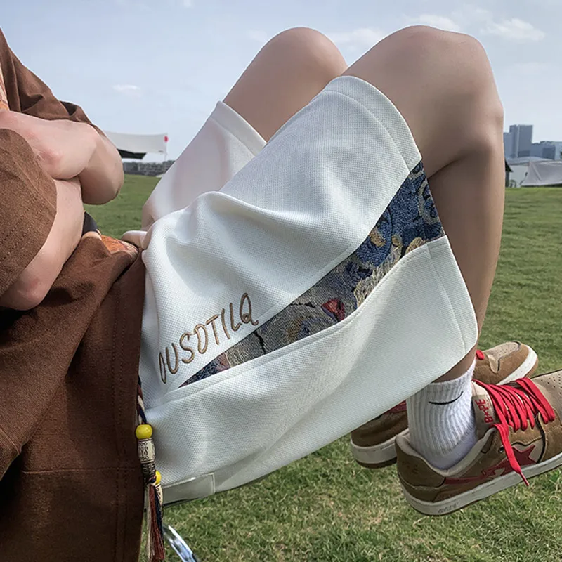 

Мужские летние шорты в американском ретро-стиле с вышивкой медведя, модные, свободные, прямого кроя, больших размеров, средней длины (до колена)