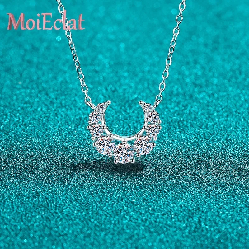 0.66ct Moissanite Champagne Gold Crescent Type Pendant for Women, Sweet 18K White Gold Smile Shaped Clavicle Chain Jewelry