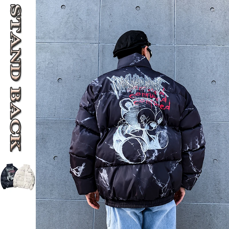 

Hip Hop Jacket Parka Hurt Bear Print Men Winter Oversize Windbreaker Streetwear Harajuku Padded Jacket Coat Warm Outwear Hipster