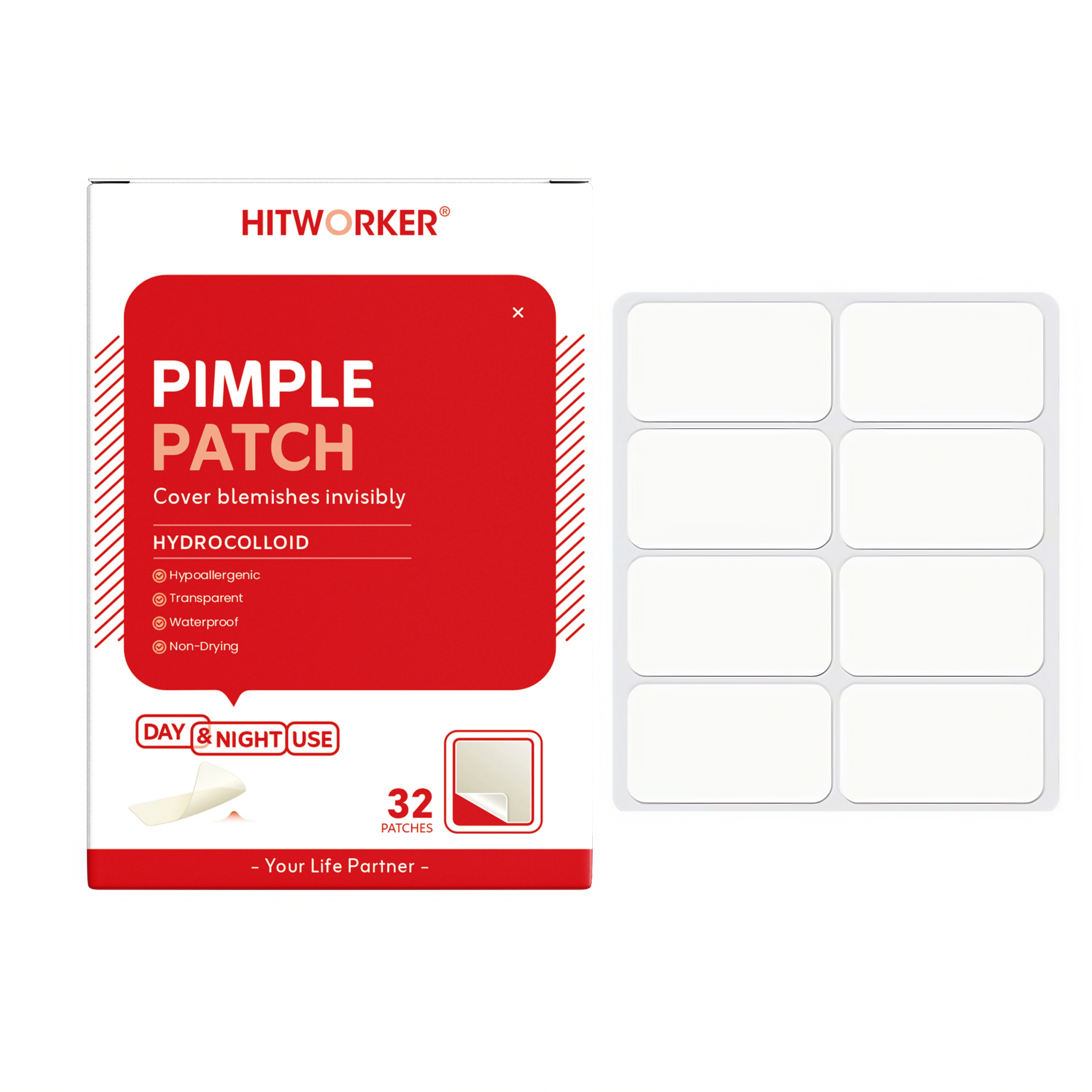 32PCS Hydrocolloid Pimple Patches for Face, Large Rectangular Blemish Cover Stickers, Day & Night Facial Spot Patches