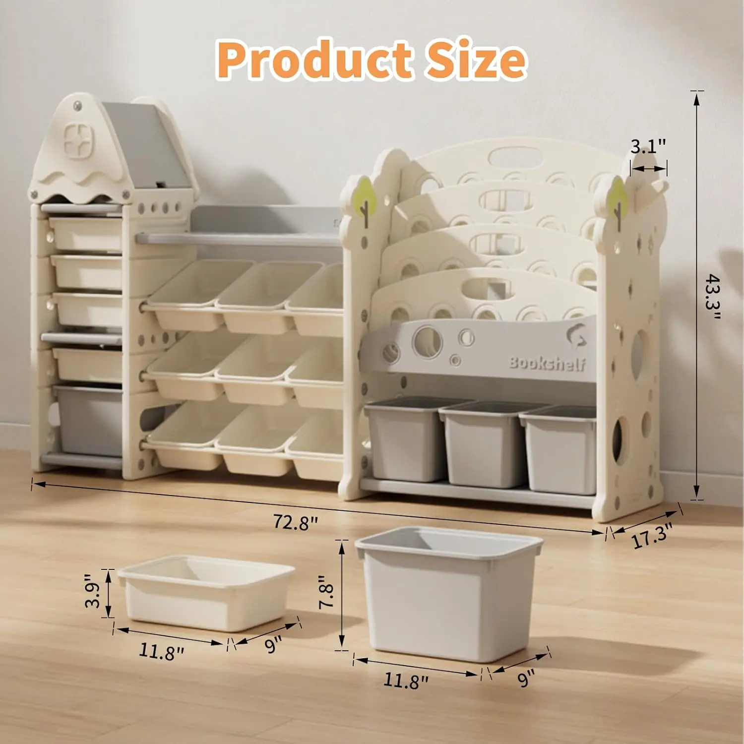 Storage Organizer with 17 Removable Bins, 4-Tier Bookshelf for Kids, Multi-Purpose Castle-Shaped Toy Organizer for Play