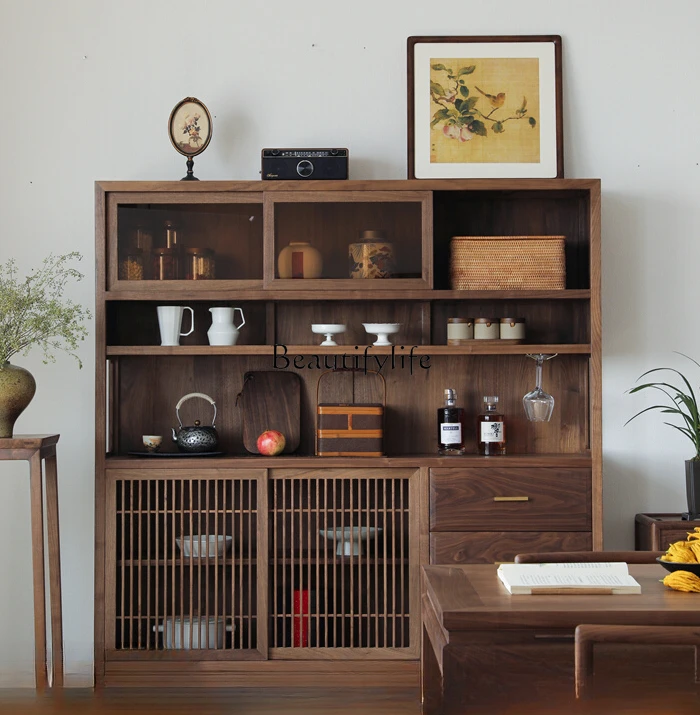 

New Chinese Style Black Walnut Solid Wood Sideboard Storage Display Cabinet Integrated against the Wall