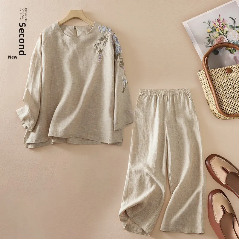 

Loose Cotton Linen T-Shirt Hand Embroidered Color Woven Wide Leg Pants Fashionable Spring Summer New Arrival Women's Set