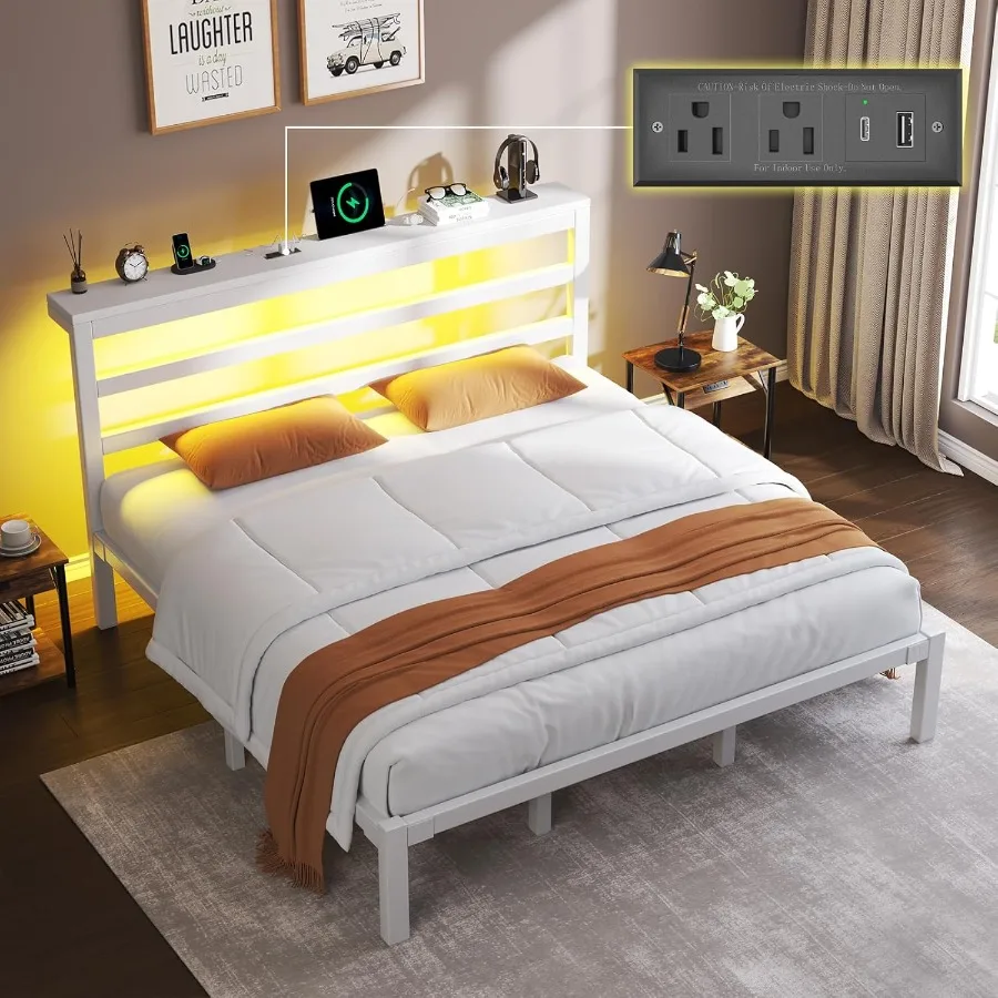إطار سرير بحجم كينج مع لوح رأسي للتخزين وسرير بمنصة صناعية مع محطة شحن وأضواء LED ومساحة تخزين تحت السرير #1