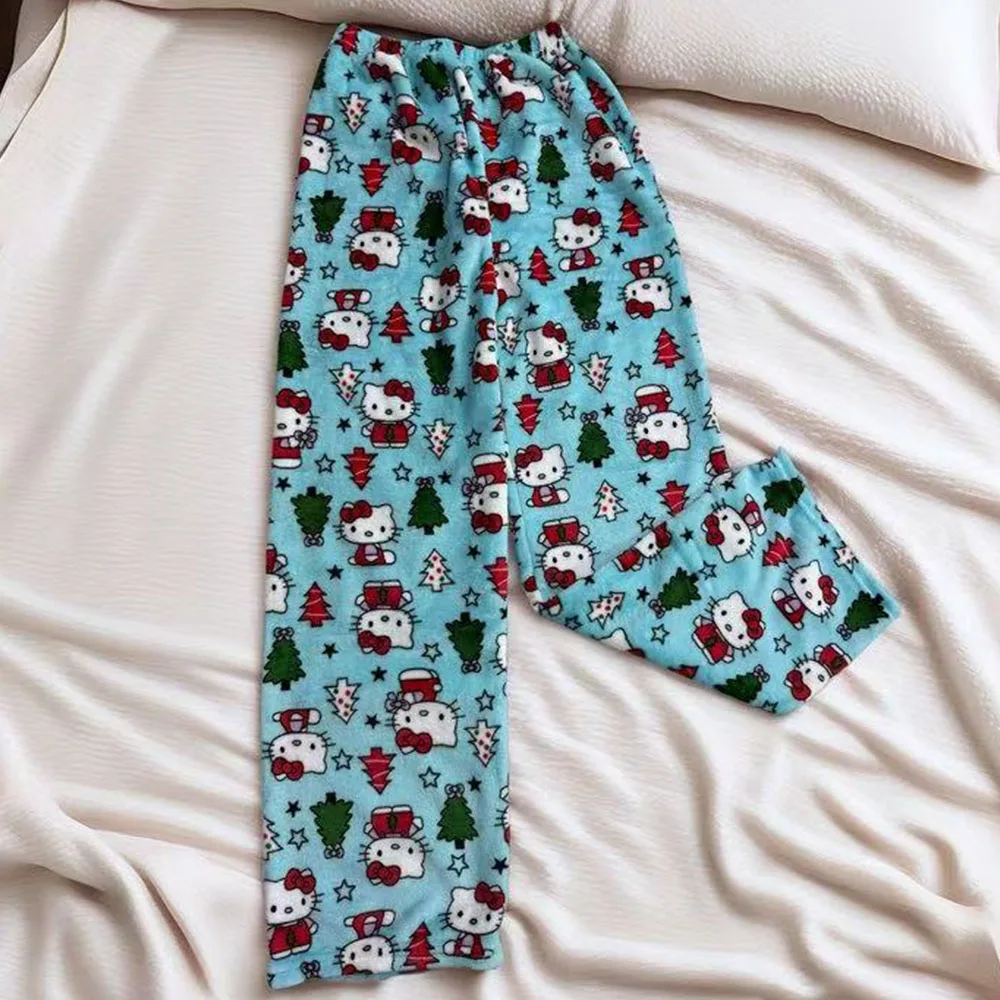 

Cartoon Hello Kitty Pajama Pants Anime Kawaii Trousers Women Autumn Winter Kt Plus Velvet Keep Warm Pants Leisure Home Fashion