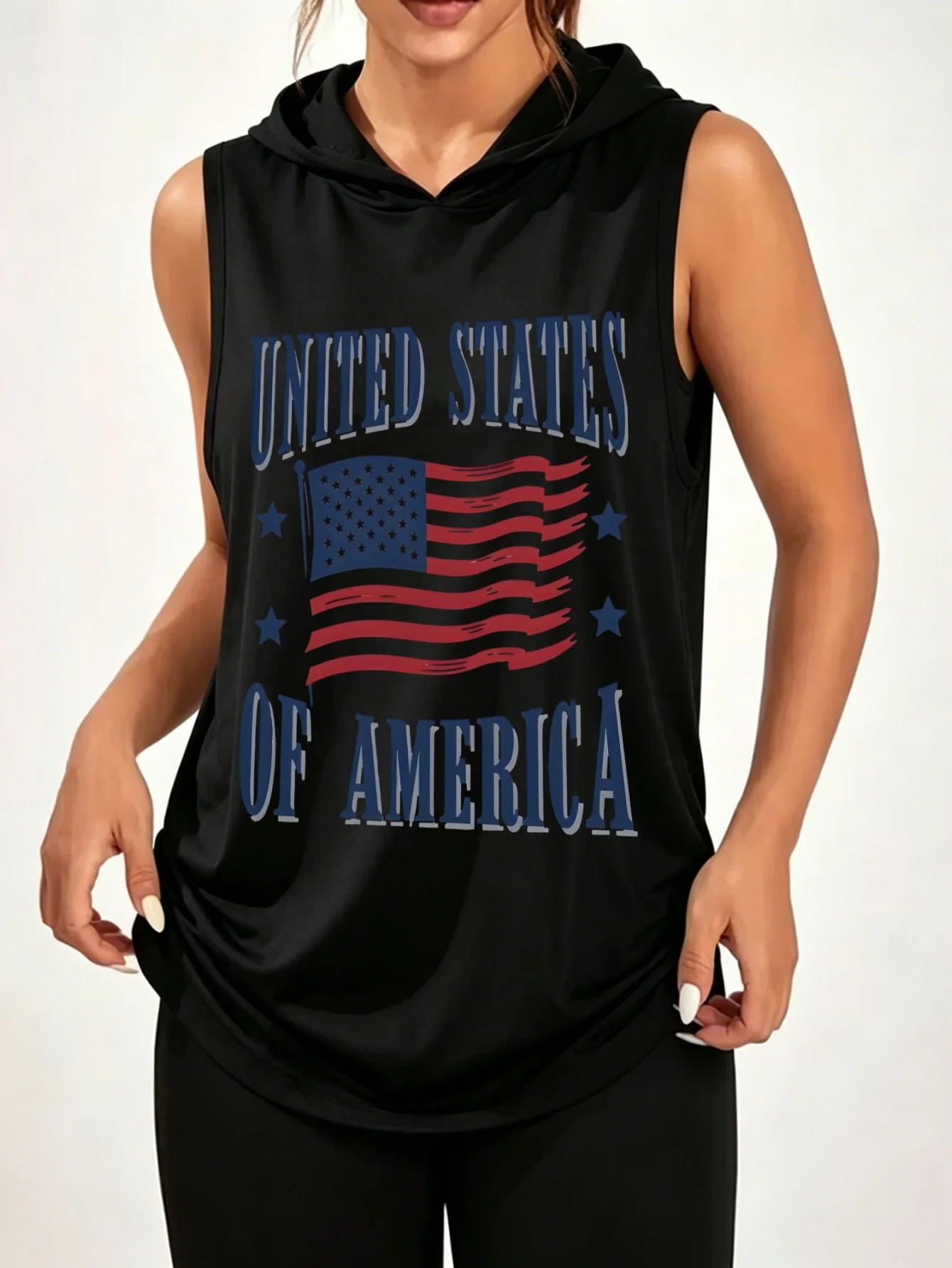 Unisex United States Of America USA Flag Print Sleeveless Hooded Tank Top Patriotic Vintage Casual Hood Vest