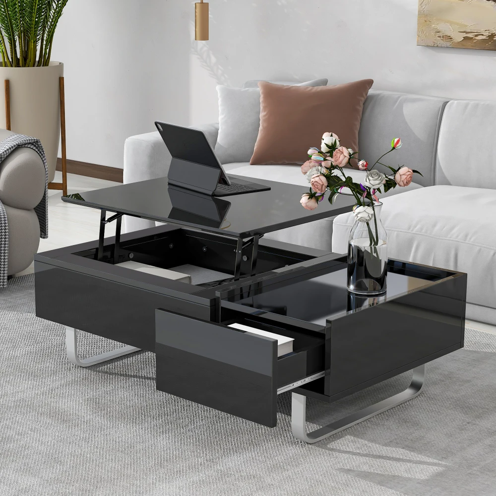 ON-TREND Multi-functional Coffee Table with Lifted Tabletop, Contemporary Cocktail Table ,High-gloss Surface Dining Table mesas