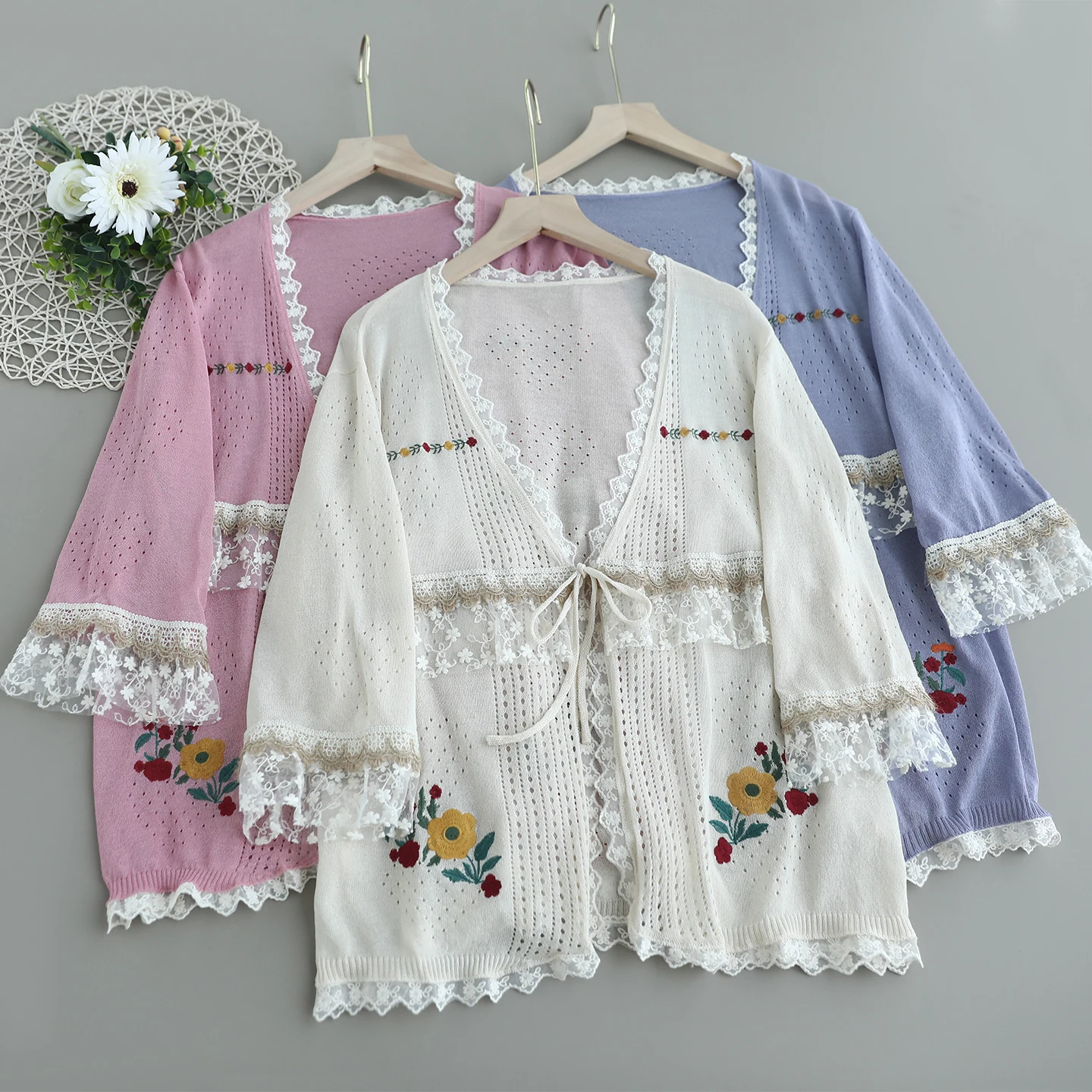 

Japanese Sweet Mori Girl Floral Embroidery Lace Patchwork Knitted Cardigan Outwear Women Autumn V-Neck Long Sleeve Knitwear Tops