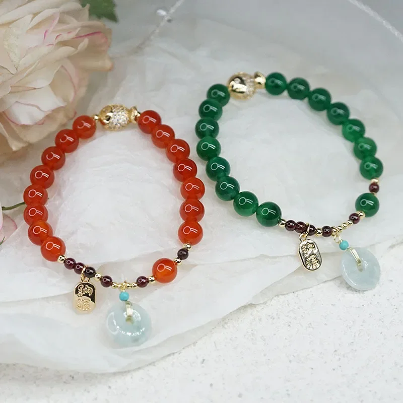 

Natural Lucky Jade Charm Fish 8mm Red/Green Agate Garnet Beaded Bracelets for Women Female Fine Jewelry Accessories YBR485