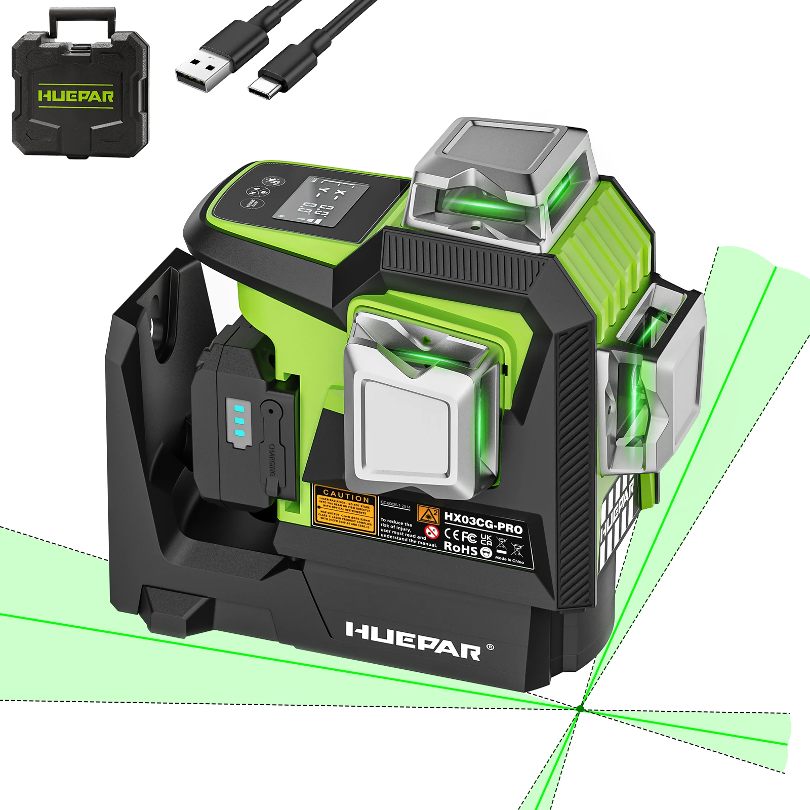 Huepar HX03CG-PRO 12 lines green beam 360° Self-leveling Cross Line Laser Level with Manual / Fine Motorized Swivel Base