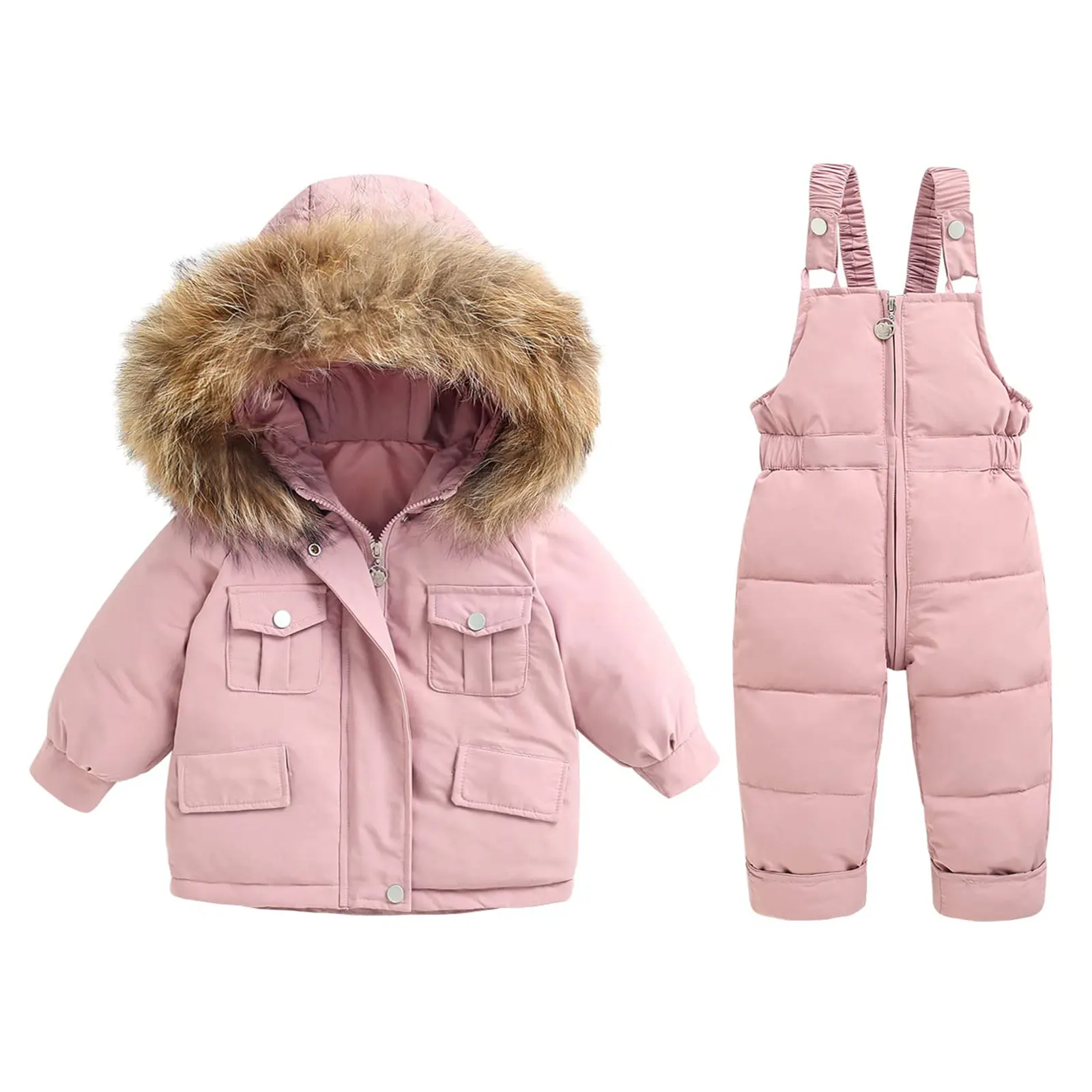 

Kids Girls Boys Snowsuit Warm Winter Outerwear Outfit Hooded Long Sleeve Jacket Coat with Zipper Suspender Pants Overall Pants