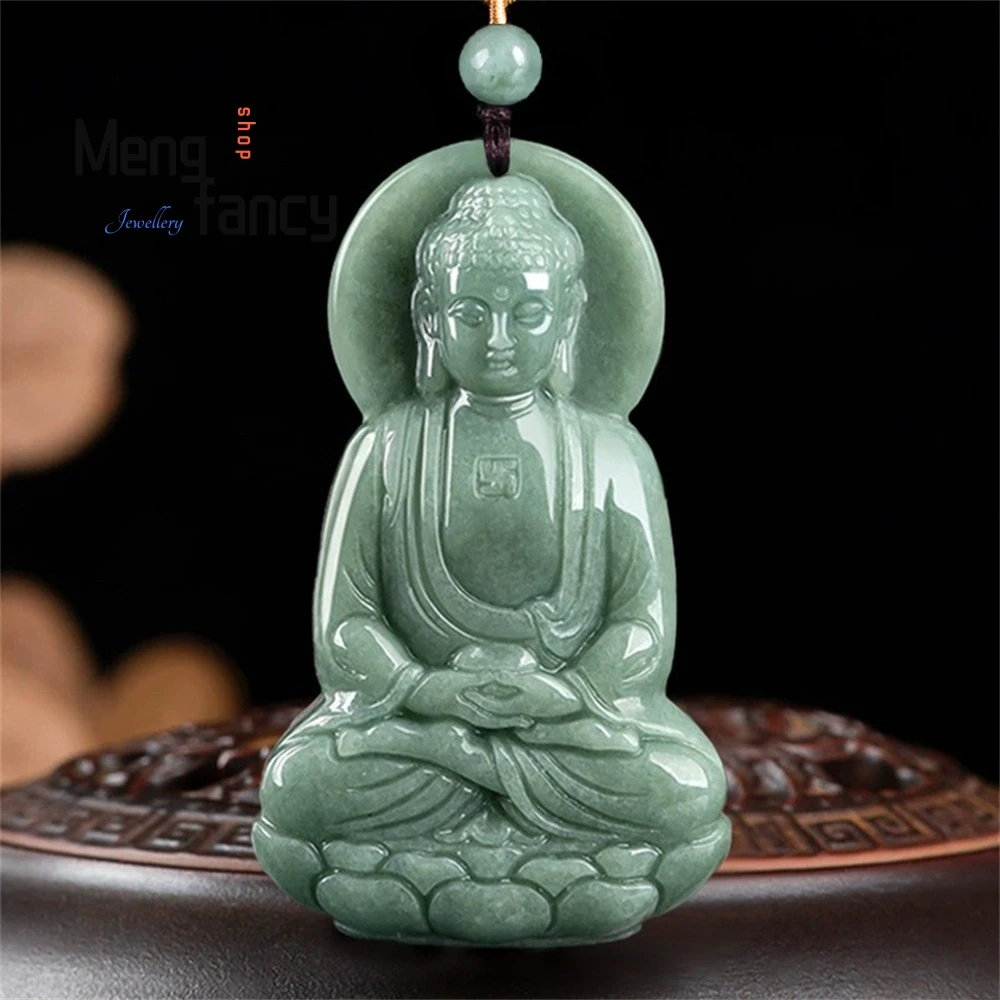 Natural A-grade Jadeite Pea Green Shakyamuni Buddha Jade Pendant High-grade Couple Fashion Jewelry Popular Luxury Holiday Gifts