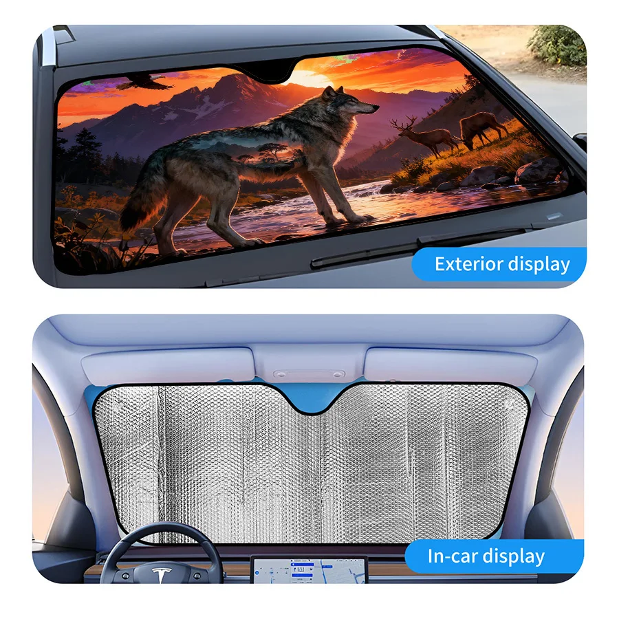 Multi-Functional Foldable Car Windshield Sunshade, 3 Sizes, Wolf And Eagle Sunset Design, Blocks UV Rays, For Summer Parking, Ro