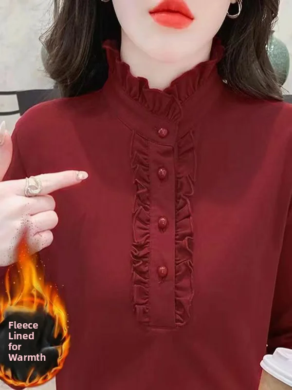Autumn Winter Plaid Long Sleeve Fleece Lined Tunic Top Women's Casual Style Mom's Fashion Inner Wear with Lace Collar
