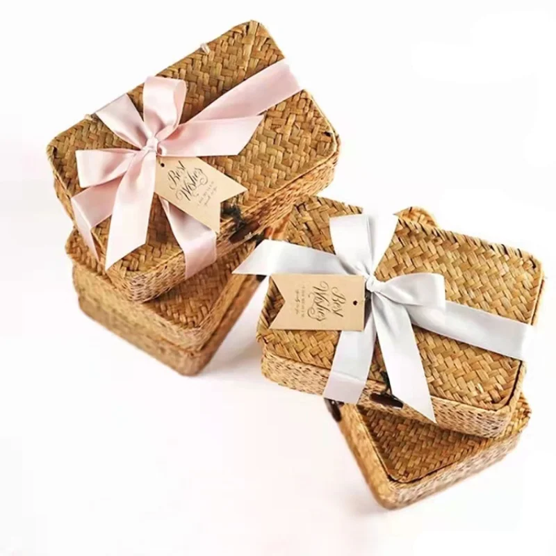 

Плетеная корзина для хранения из морских водорослей, корзина для свадебного подарка в западном стиле с крышкой, плетеный ящик для хранения из ротанговой ивы