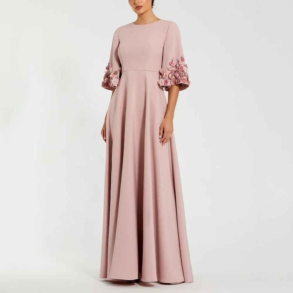 

Modest Evening Dress Customized O-Neck Half Sleeve A Line Evening Gown Fashion Flowers Draped Floor Length Jersey Party Dresses