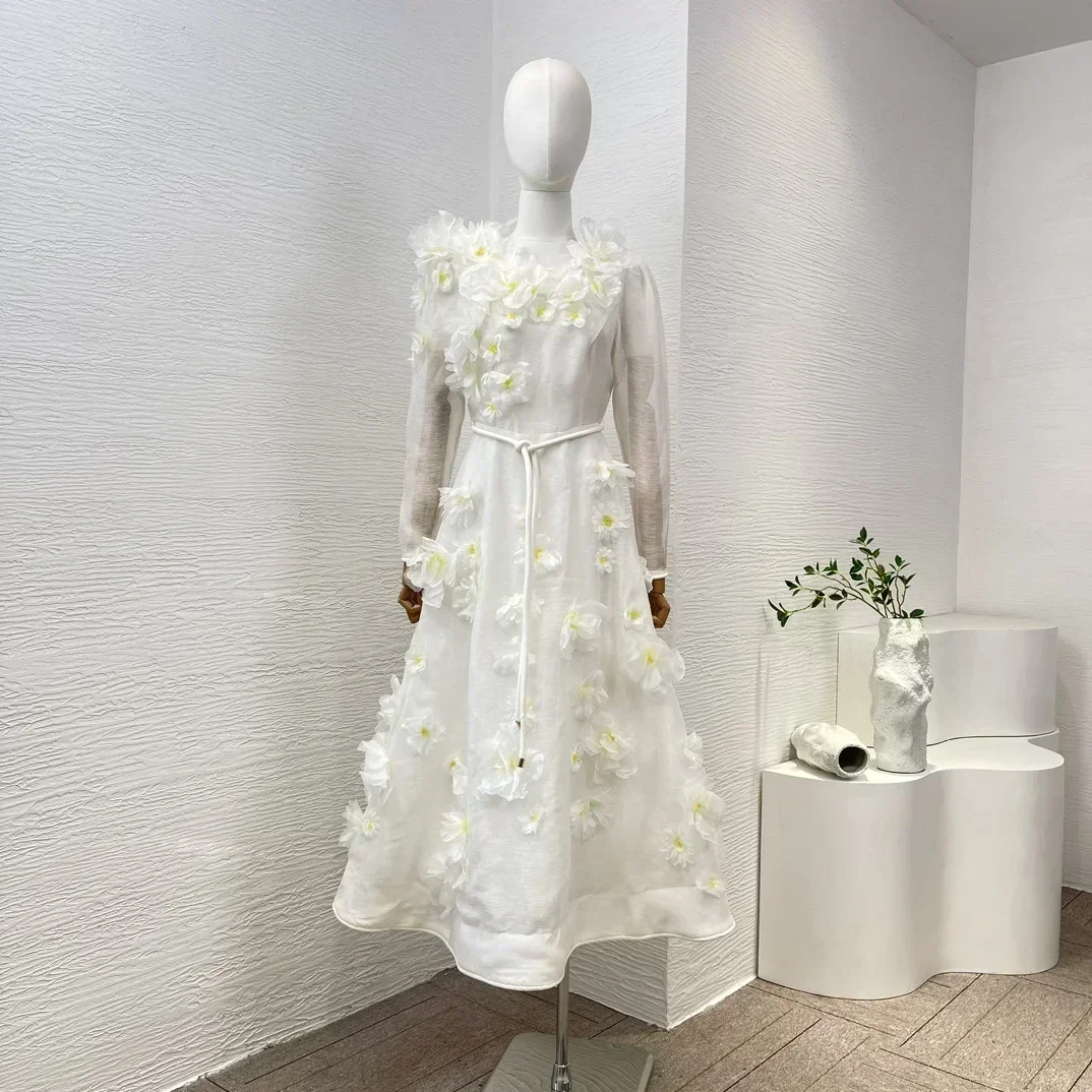 2024 New Silk Linen White Ivory Daisy Three-dimensional Flower Decoration Handwork Long Sleeve Women Elegant Midi Dress