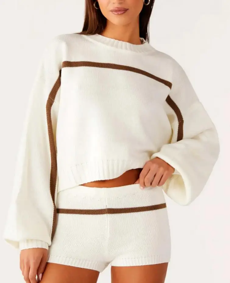 Completi da donna in maglia a due pezzi, maniche lunghe, linea a contrasto, maglione, top e pantaloncini, set loungewear