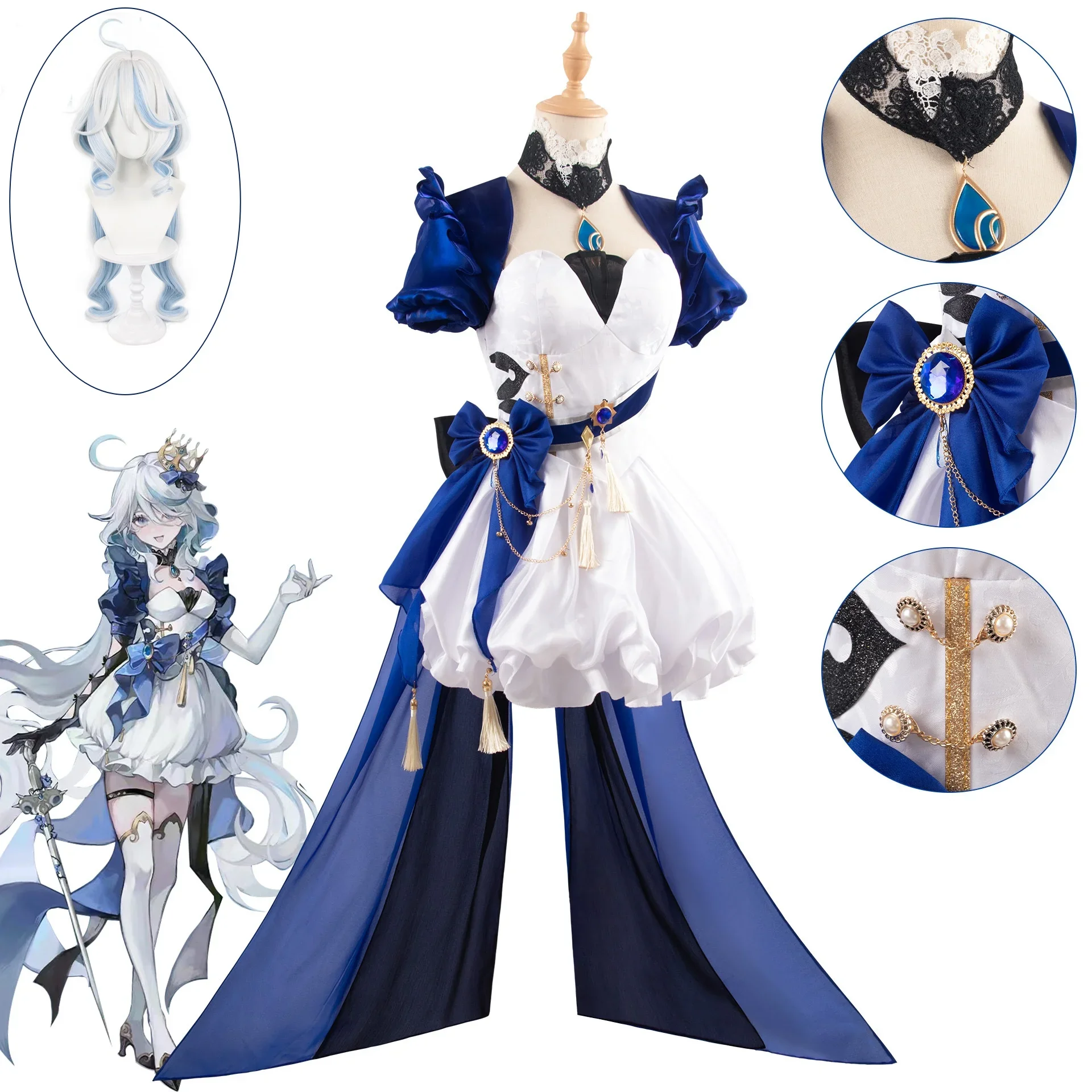 

Genshin Impact Furina Aquamarine Alice Doujin Game Suit Gorgeous Dress Cosplay Costume Halloween Party Role Play Outfit Women