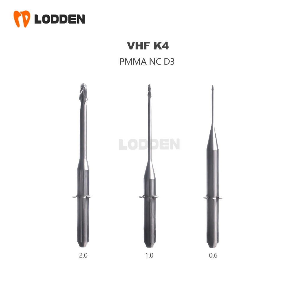 Ferramenta de moagem Dental Milling Burs, VHF K4, PMMA(NC), Zircônia (DC), D3 Shank, 35mm Comprimento, 0,6mm, 1,0mm, 2,0mm