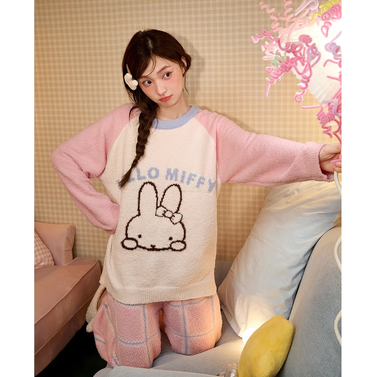 Miffy Autumn and Winter Pajamas for Women Kawaii Thickened Half Fleece Warm Cute and Sweet Home Wear for Girls