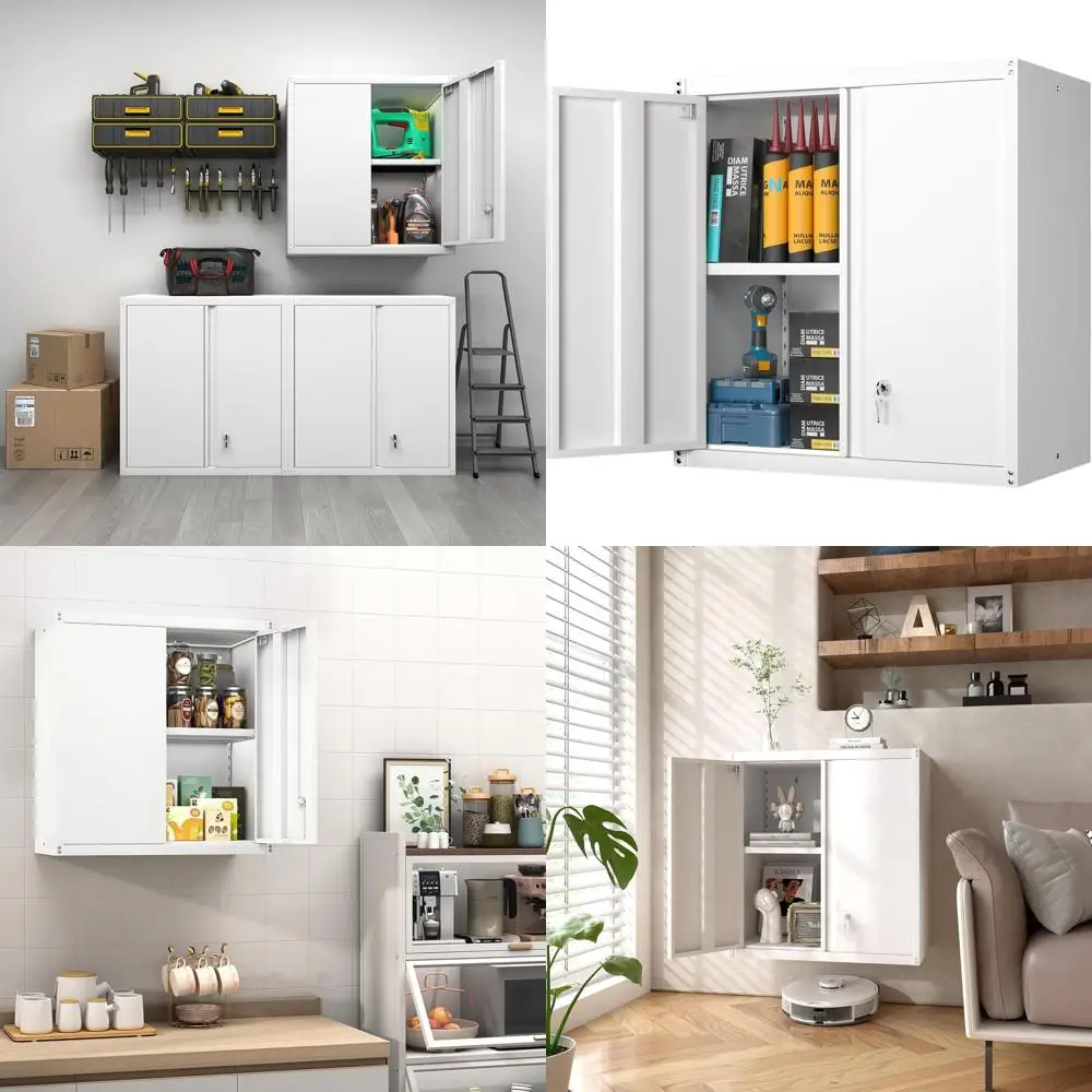 

White Wall-Mounted Cabinet with Lock and Adjustable Shelf for Garage and Utility Storage