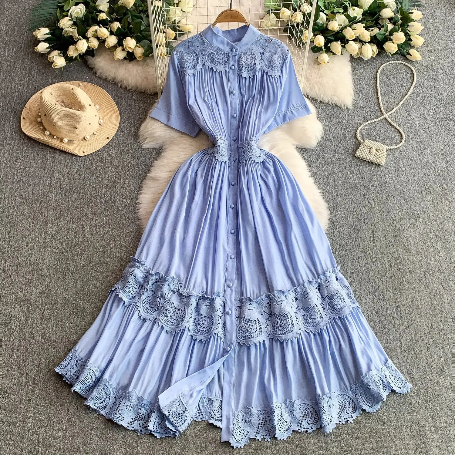 

Casual Embroidery Dress 2 Piece Set Women Summer Short Sleeve Long Dresses Hollow Out Crochet Loose Big Size A Line Maxi Vestido