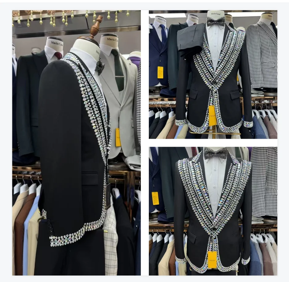 

Groom Men Suits Set 2 Pieces Blazer+Pants Trousers Luxury Crystals Stone Autumn Wedding Tuxedos Jacket Formal Office Prom Coat