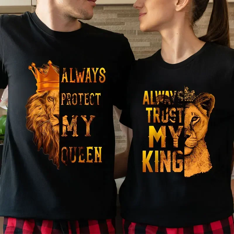 Camiseta para parejas del Rey León y Reina, Top de amor, ropa de pareja de manga corta a la moda, camiseta coreana de gran tamaño, camisetas de amor para mujeres y hombres