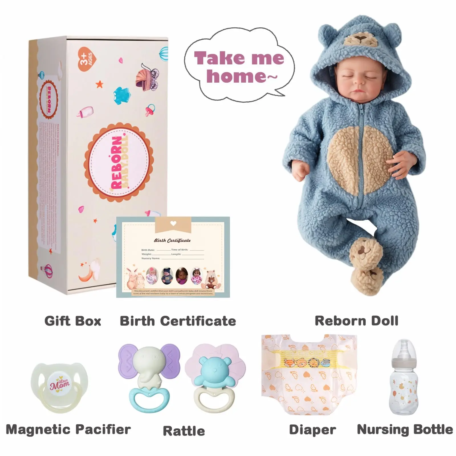 ตุ๊กตา Reborn - ตุ๊กตาเด็กเหมือนจริงขนาด 20 นิ้ว ตัวทำจากผ้า ตาปิด - ตุ๊กตาสมจริงพร้อมอุปกรณ์เสริมสำหรับเด็กอายุ 3 ปีขึ้นไป