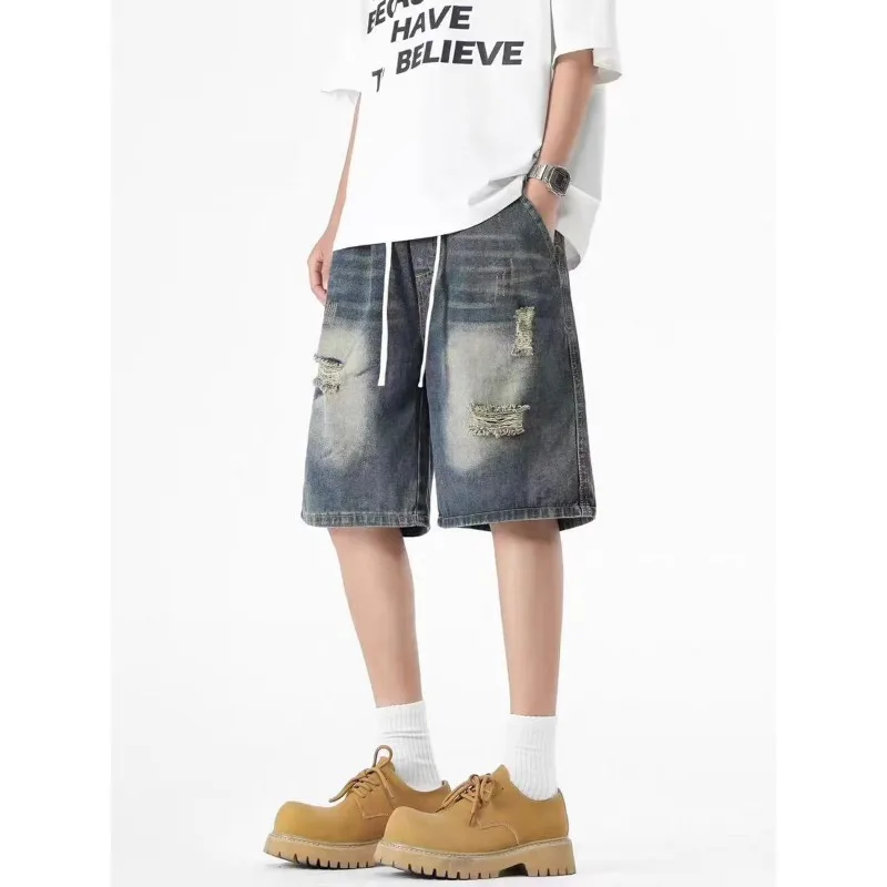 

Mens Drawstring Waist Washed Distressed Loose Fit Denim Shorts