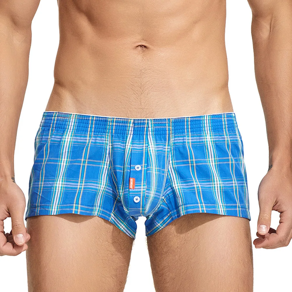 

Mens Plaid Casual Briefs Underwear Sexy Bulge Button Pouch Underpants Loose Comfortable Shorts Homewear Low Rise Panties