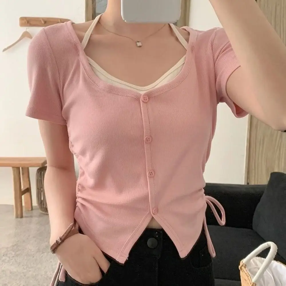 

Chic Korean Fake Two-piece Top Streetwear Short Sleeve Drawstring Crop Top Aesthetic Spaghetti Strap Lightweight Vests Girls