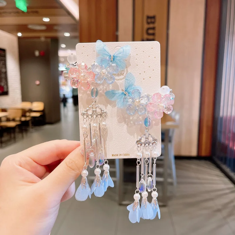 IHUES Chinoiserie Headdress Suit children Hairpin Transparent Flower Hair Clip Step Shaking Tassel Butterfly Hair Ornament