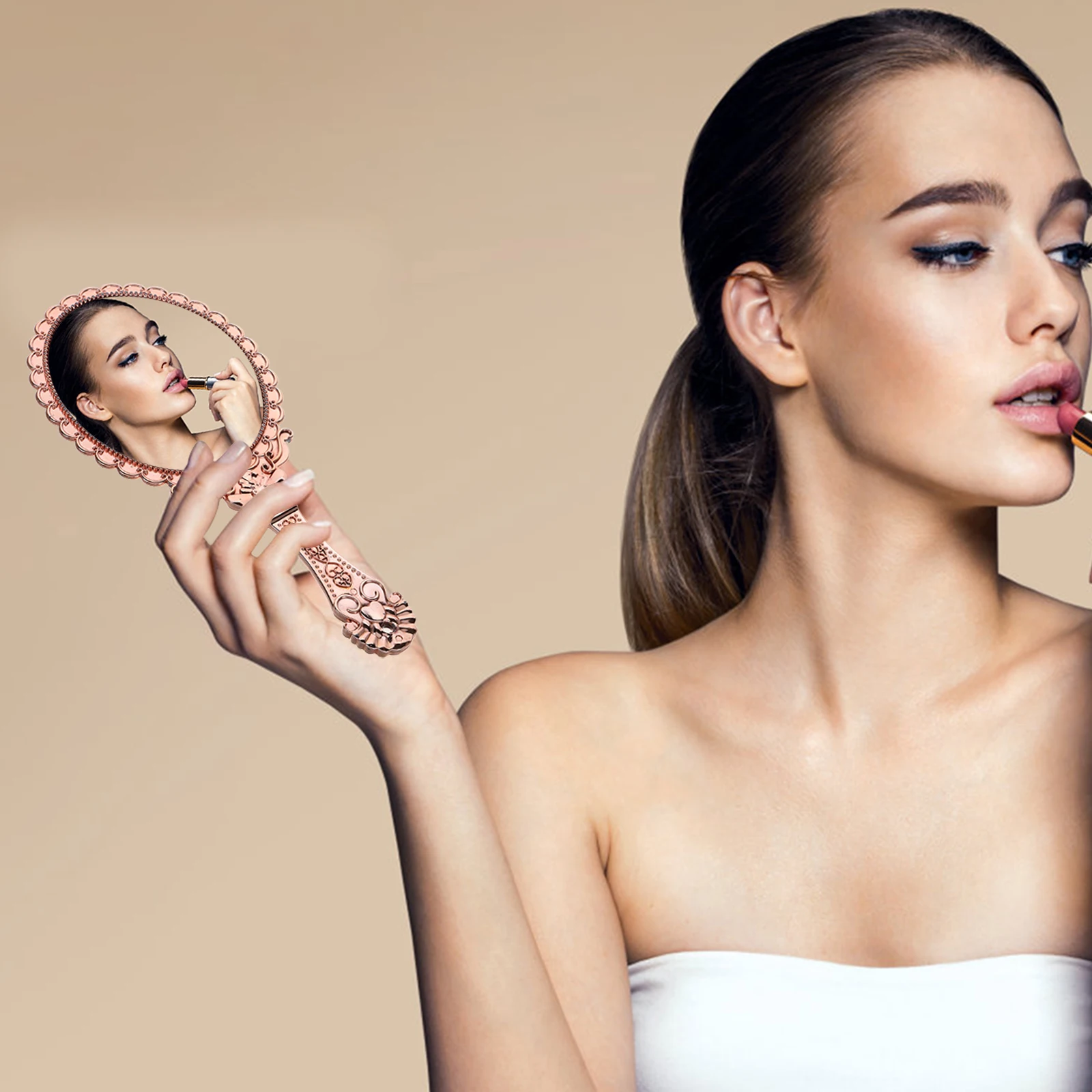 

2pcs Retro Pattern Hand Mirrors Vintage Floral Design Rose Gold Finish Clear View Compact Portable Makeup Mirror Set