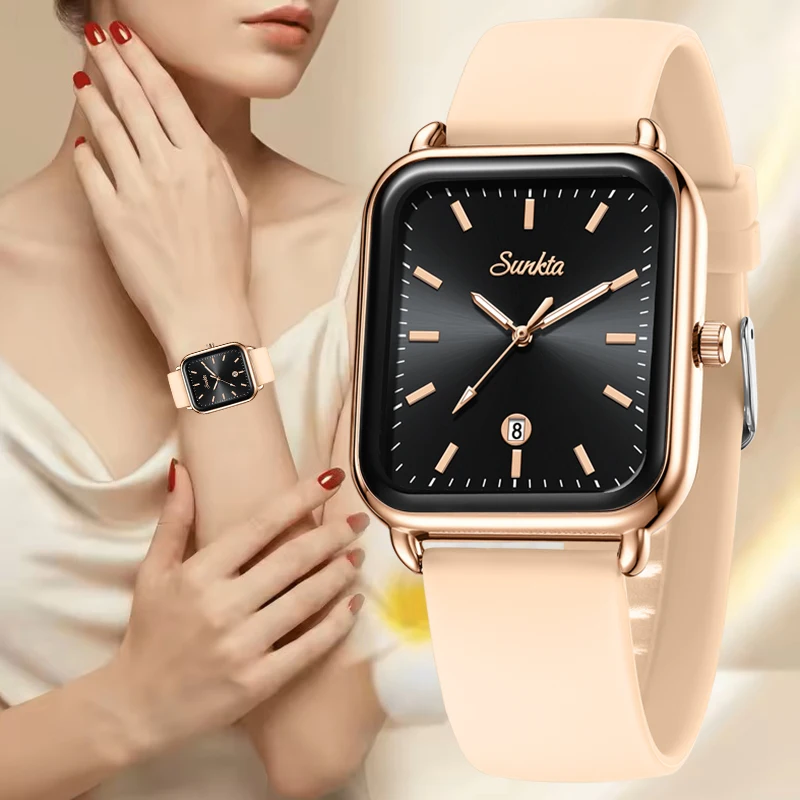 SUNKTA New Silicone Watches For Women Top Brand Luxury Square Women's Bracelet Watch Waterproof Quartz Wristwatch Ladies Clock