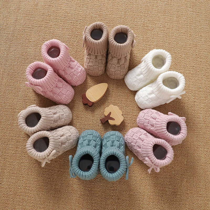 Newborn Baby Shoes Knit Cute Bow Infant Boys Girls Boots Fashion Solid Slip-on Children Footwear 0-18M Clothing Accessories Warm