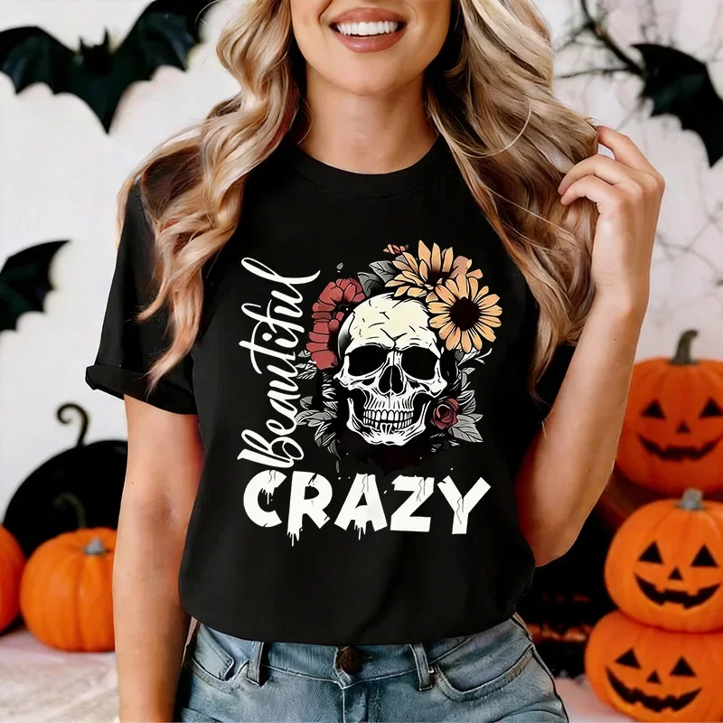 Women's Black T Shirt with Skull Print Casual Graphic Tshirt Cool Crew Neck Short Sleeve T-Shirt 90s Fashion Y2k Tees Tops Femme