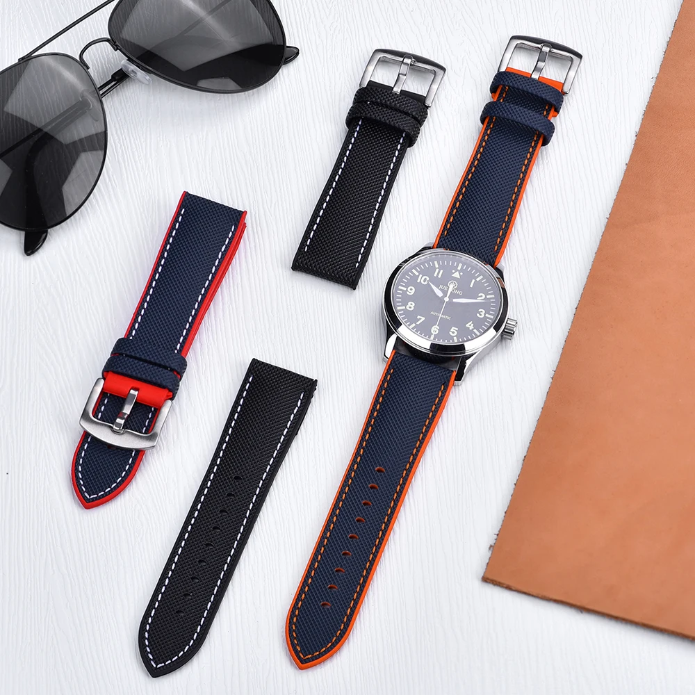 Leather+Rubber Watch Strap Leather Watchband 20mm 22mm Rubber Strap Sports Waterproof Strap for Men Women Wristwatch Replacement