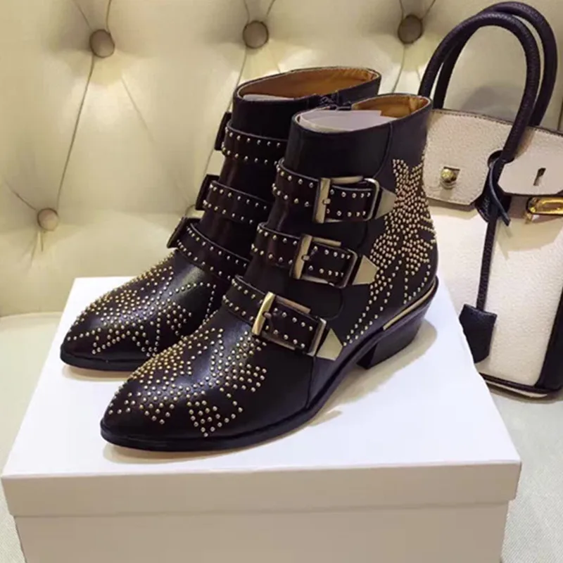 Women's Ankle Boots Rivet Flower Susanna Studded Cowboy Boots High Quality Genuine Leather Luxury Shoes Ladies Botines Mujer