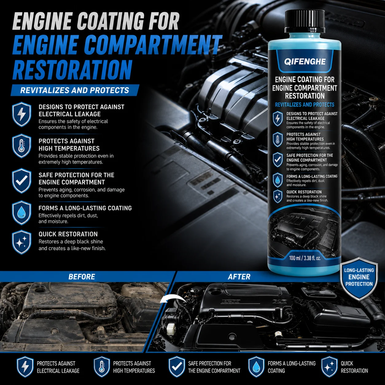Engine Bay Coating Restorer 100ml Car Engine Compartment Protective Coating Agent Anti-leakage High Temperature Resistant Restor