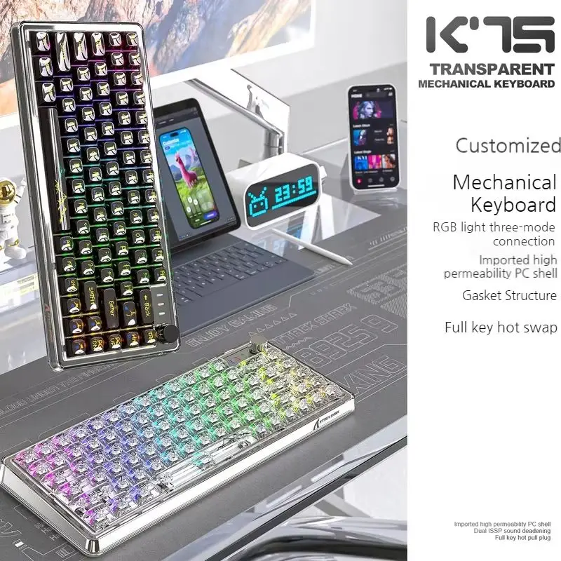 K75 Attack Shark Transparent Three Mode  Mechanical Keyboard Full Key Hot Plug Rgb Lamp Effect Bluetooth Wirelessgame Keyboard