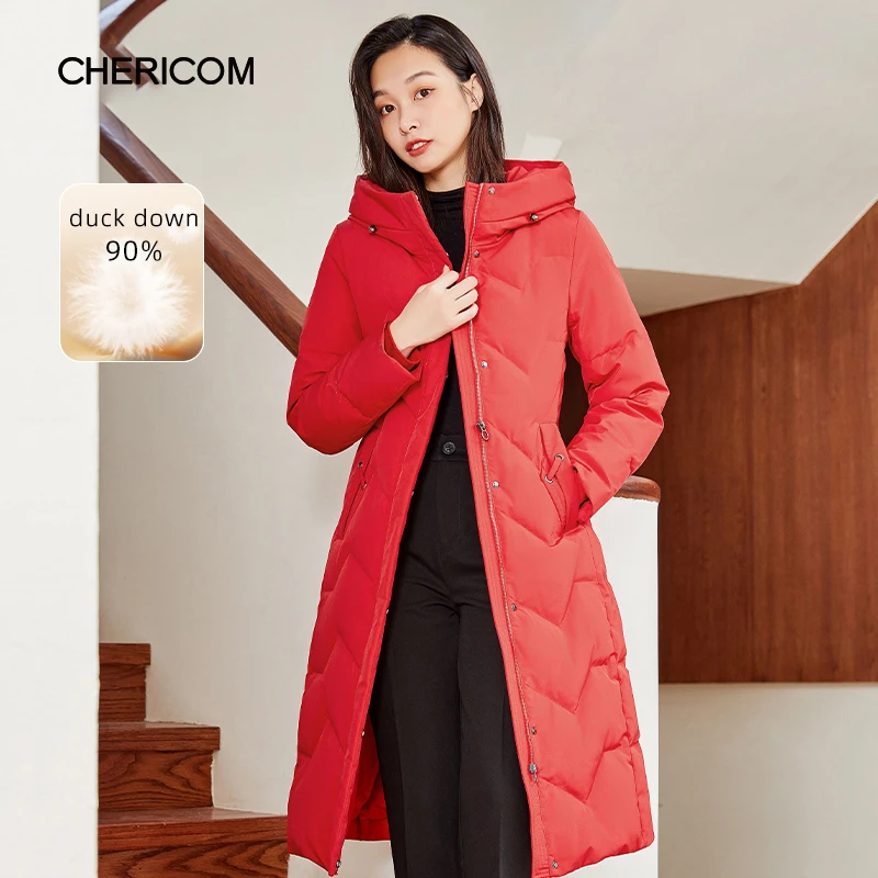 

Chericom Autumn Winter Women's Duck Down Long Down Jacket Hooded Thickened Warm Puffer Coats Solid Loose Commuter Coats 279186