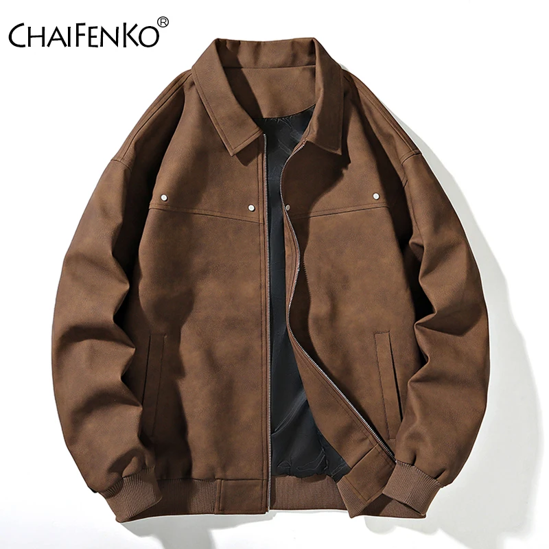 Spring Autumn Locomotive Clothes Man Simplicity Leisure Solid Color Coats New Loose Retro Style Flip Collar Leather Jackets Man