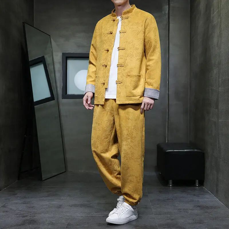 2026 Autumn Winter Chinese Style Print Jacket & Pants Set - Frog Button Closure Men's Two-Piece Outfit, Loose Fit Asian Sets 5XL